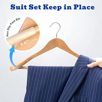 HOUSE DAY Wood Suit Hangers for Men, Smooth Wide Shoulder Wooden Hanger with Non Slip Pant Holder, Wide Hangers for Suits, Coats, Jackets, Heavy Wide Clothes Hanger 2 Pack, Natural