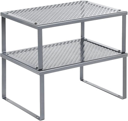 SONGMICS Spice Racks, Set of 2 Metal Cabinet Shelf Organizers, Countertop Organizers, Shelf Risers, Stackable, Expandable, Silver UKCS01SV