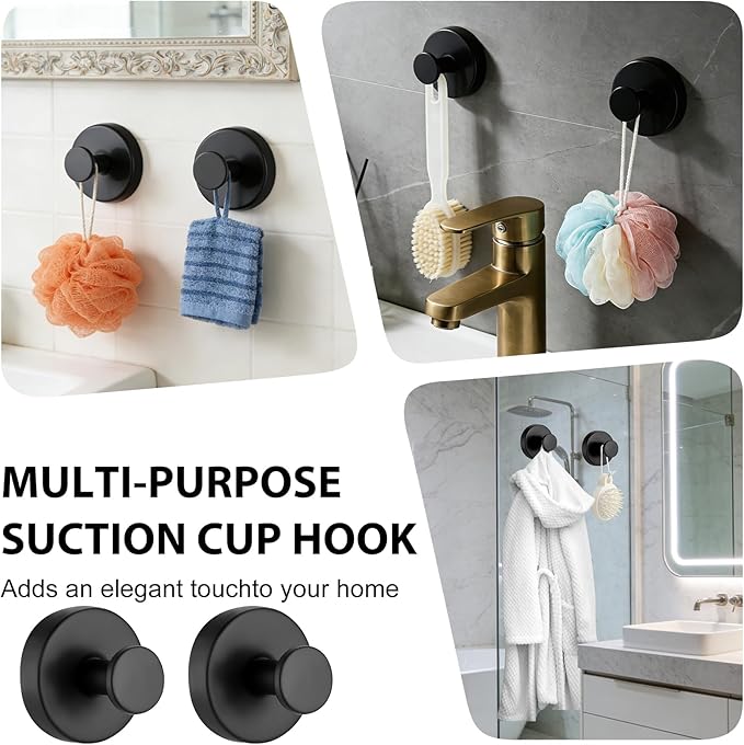 HESUSLA Suction Cup Hooks for Wreaths on Glass,2025 New Model No-Drill Suction Cup Hooks,Wreath Hangers for Front Doors,Metal Towel Hooks for Showers Bathrooms Mirrors(2 Pack,Black)
