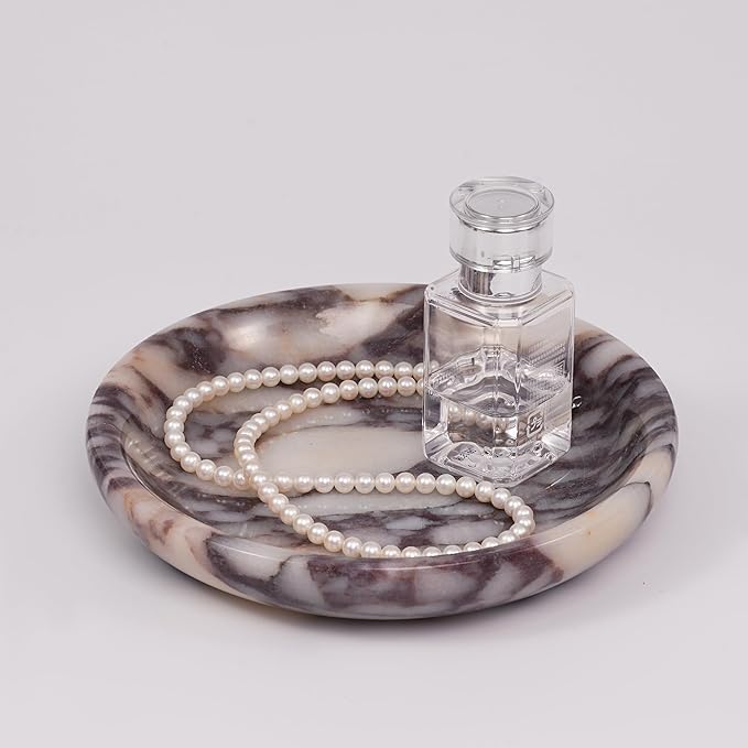 LWALMS Trinket Marble Jewelry Tray - Stone Ring Key Purse Holder Dish, Small Cute Round Plate Decorative Bowl for Nightstand Entryway Coffee Table Decor (5.5 inch)