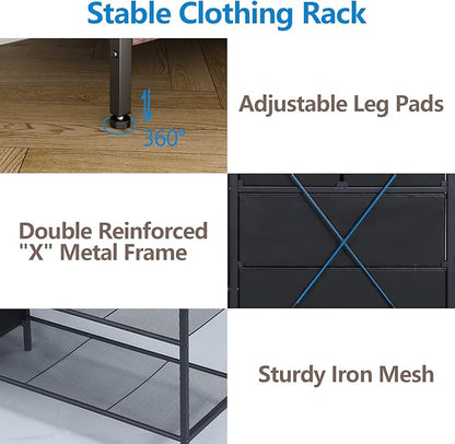 Auromie Clothes Rack with 5 Drawers & 4 Storage Shelves, 59.1W*70.9H Heavy Duty Clothing Rack with 2 Hanging Rods, Wardrobe Closet Organizer System with 5 Hooks, Freestanding Garment Rack (Rustic)