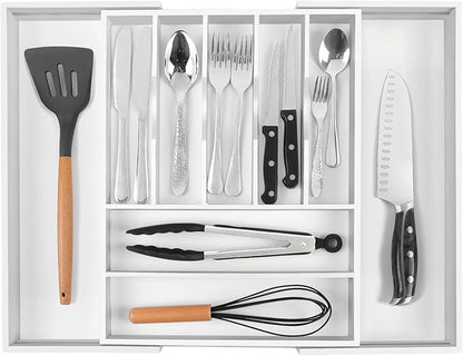 Bellsal Large Premium Bamboo Silverware Organizer - Expandable Utensil Drawer Organizer - 17"x19.6" Utensil Holder and Cutlery Tray with Grooved for Kitchen Flatware and Utensils(7-9 Slot, White)