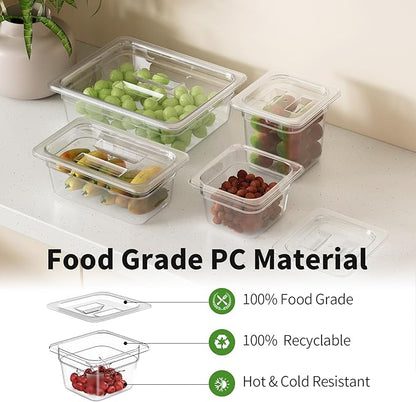 FORITRUE 1/6 4'' 12 Pack Plastic Food Pans With Lids, Clear Food Pan, Commercial Stackable Polycarbonate Freezer-Safe for Fruits Vegetables Restaurant Kitchen