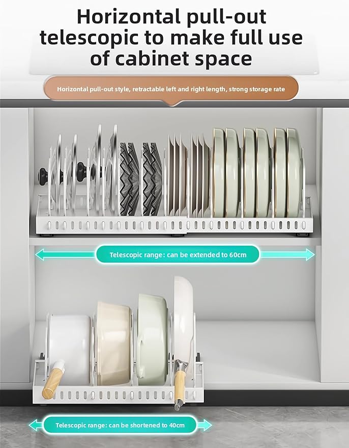 Mnftive pots and pans organizer under cabinet,pot lid organizers inside cabinet holders for kitchen,Horizontal and vertical pulling modes,Can be extended and adjusted (White horizontal pull-out)
