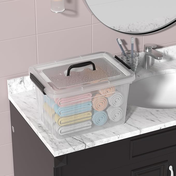 Obstnny 20 L Plastic Storage Box with Handle, 4-Pack Clear Latching Storage Bin