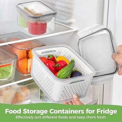 Anjetan 3 Pcs Fruit Storage Containers, Produce Savers with Lids for Fridge, Refrigerator Vegetable Containers with Draining Baskets, Airtight Food Keepers for Kitchen, Microwave Safe