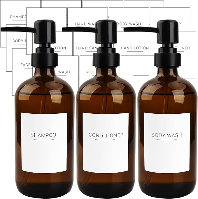 Ezebesta Set of 3 Amber Glass 16.9oz Soap Dispensers with 22 White Labels Bathroom Liquid Bottle Container with Black Pump