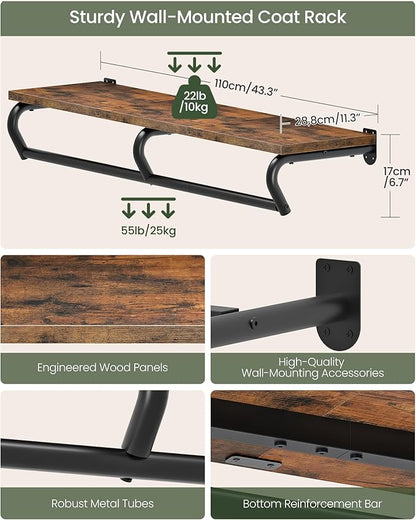 Wall Mounted Clothes Rack, Metal Garment Rack with Top Shelf, Laundry Storage Shelf with Hanging Rod, for Laundry Room, Bedroom, Entryway and Storage Room, Rustic Brown and Black TYM02BF