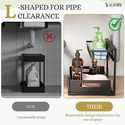 Under Sink Organizer 2-Pack – Pull Out Sliding Storage Rack, L-Shaped Design for Kitchen & Bathroom Cabinet, Heavy-Duty Steel, Easy Install, Black