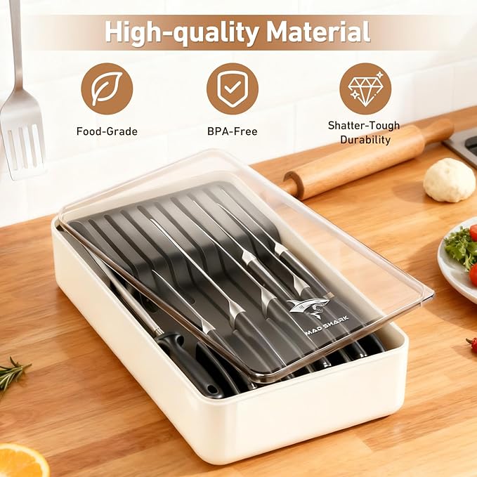 MAD SHARK 2-in-1 Detachable Knife Block & Silverware Organizer, Drawer Knife Holder for 10 Knives, BPA-Free, Blade-Safe Slots, Save Counter Space, Kitchen Drawer or Counter Storage, No Knives