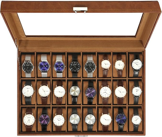 Uten 24-Slot Watch Box, PU Leather Watch Case with Glass Lid, Watch Holder Organizer with Soft Pillow and Velvet Lining, Watch and Jewelry Storage Box, Brown