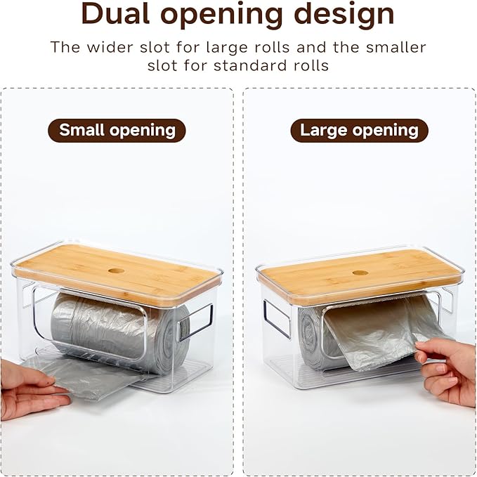 Trash Bag Holder 3-Pack,Trash Bag Dispenser with Bamboo Lid, Stackable Acrylic Garbage Bag Dispenser for Under Sink Use in Kitchen, Laundry Room, and Pantry, Large Capacity Garbage Bag Holder