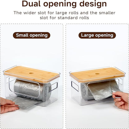 Trash Bag Holder 3-Pack,Trash Bag Dispenser with Bamboo Lid, Stackable Acrylic Garbage Bag Dispenser for Under Sink Use in Kitchen, Laundry Room, and Pantry, Large Capacity Garbage Bag Holder