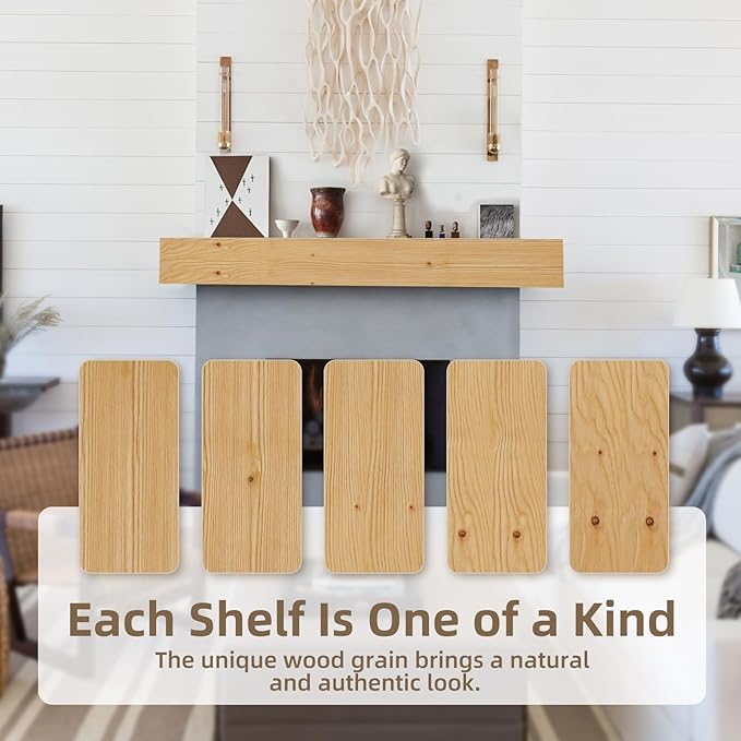 ROOMTEC Fireplace Mantel,60" Wood Floating Fireplace Shelves,Wall Mounted Wooden Display Shelving,Handcrafted Wood Brack,Natural Mantels Over Fireplace | 60" x 8" x 5"-Clear Varnished Natural Wood