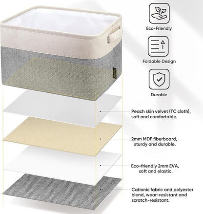 BALEINE 4 Pack Fabric Storage Bins for Shelves, Linen Storage Baskets for Organizing, Decorative Closet Bins for Clothes, Home (Grey, 15"x11"x9.5")