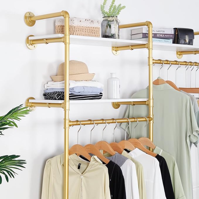 Gold Industrial Pipe Clothing Rack - Wall Mounted Clothes Rack with 2 Hanging Rods & 2 Tier Shelves, Closet Organizers and Storage for Shop, Retail Display, Bedroom, 79.5 x 59in