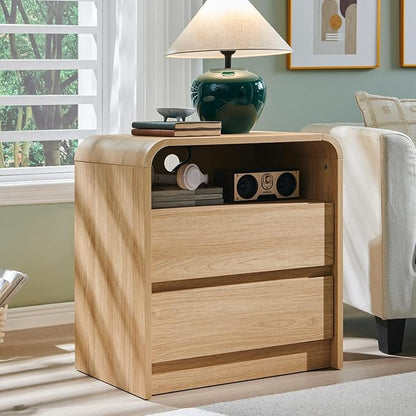 Aitjunz 25" Tall Modern Nightstand Set of 2, 23.6'' Wide Wood Bedside Table w/2 Storage Drawers, Charging Station, Mid Century End Table for Bedroom, Living Room,Curved Profile Design, Natural Oak | Modern, Set of 2, Bedside Table, 2 Storage Drawers, C...
