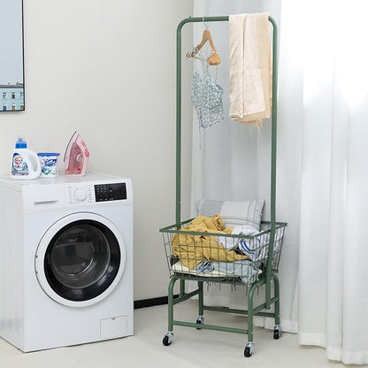 ALIMORDEN Laundry Cart with Clothes Rack, Rolling Laundry Butler with Wire Storage Rack，Green