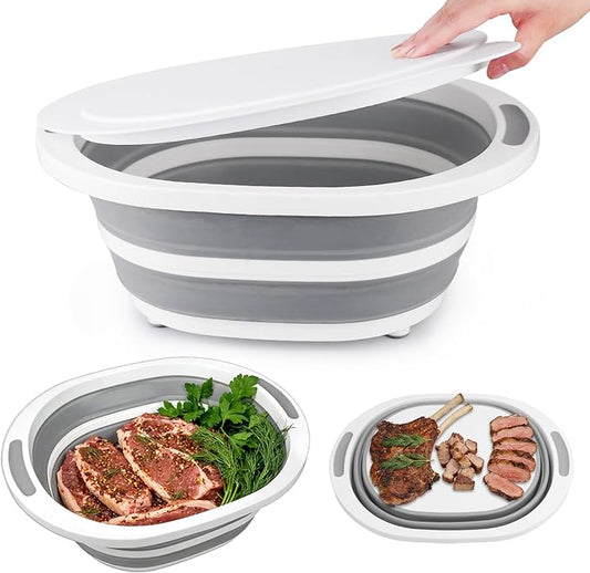 BBQ Prep Tub with Lid, Collapsible Wash Basin 7.5L Dish Tub Sink Basin, 2-in-1 Cutting Board Foldable Dish Pans for Kitchen Sink Camping Picnic Fruits Washing Smoker RV Accessories Kitchen Gadgets