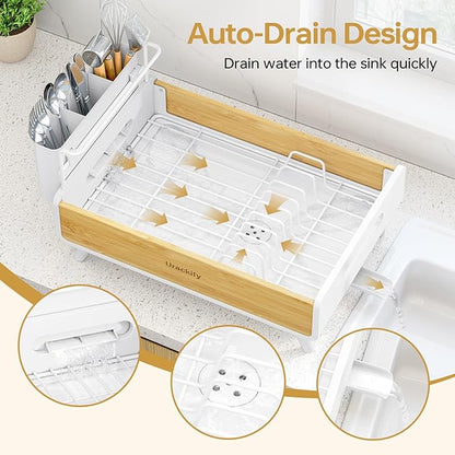 Urackify Dish Drying Rack for Kitchen Counter – Stainless Steel & Bamboo Dish Rack, Drying Rack Kitchen with Large Removable Utensil Holder, Dish Drainer with Auto-Drain Drainboard, White