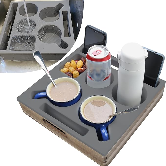 KindGa Couch Cup Holder, Waterproof Anti-Spill Couch Drink Holder for Snacks Beverage Remote, Food Grade Silicone Wooden Couch Caddy for Bed Car Seat Beach Tray (Gray)