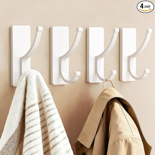 pickpiff Adhesive Wall Hooks with Strip - No Residue, Easy to Remove, Strong Heavy Duty Sticky Towel Hook, 4 Pack White