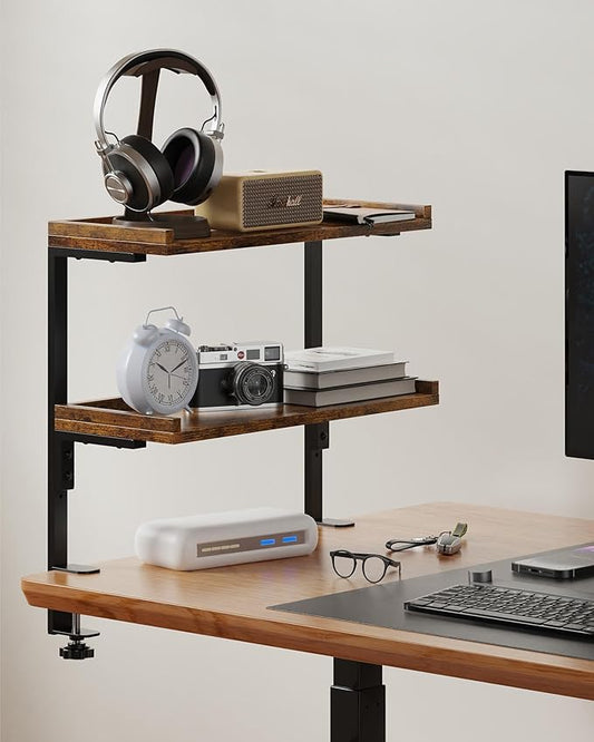 Clamp On Desk Shelf 2-Tier, 16.5 in Wood Shelving Unit for Office Desk/Gaming Accessories, Tabletop Book Storage Rack, Shelf for Top of Desk, Brown
