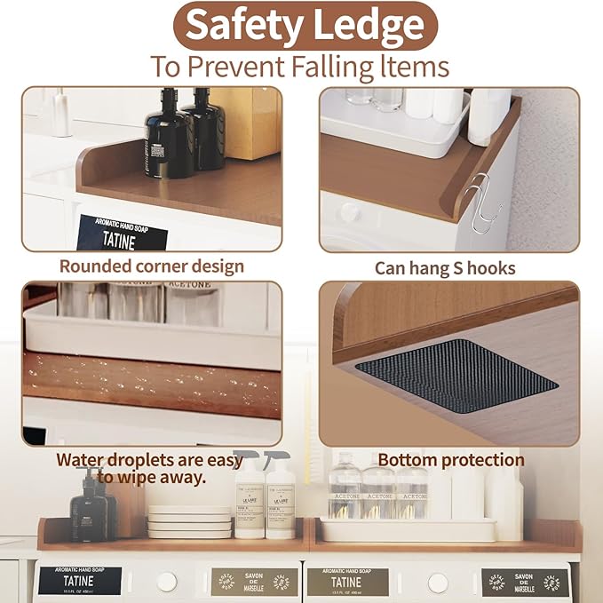 Washer Dryer Countertop with Shelf, 54" x 27" Wooden Laundry Countertop with 2 Hooks & Non-Slip Pads, Washer and Dryer Covers for The Top (Rustic Brown)
