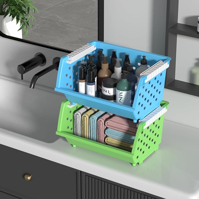 4-Pack Colorful Plastic Stackable Storage Basket, Stacking Organizer Baskets