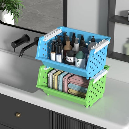 4-Pack Colorful Plastic Stackable Storage Basket, Stacking Organizer Baskets