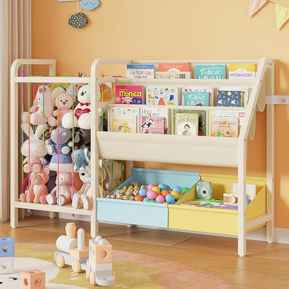 B5 Kids Bookshelf and Toy Storage, Book Shelf for Kids Rooms, Sling Toddler Book Shelves with Stuffed Animal Storage, Montessori Baby Bookcase for Nursery, Bedroom, Playroom, Blue and Yellow