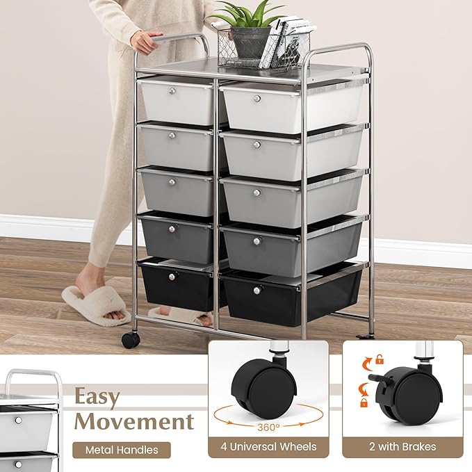 GOFLAME 10-Drawer Rolling Storage Cart, Art Craft Storage Organizer on Wheels, Multipurpose Movable Utility Cart for School, Office and Home, Black Gradient