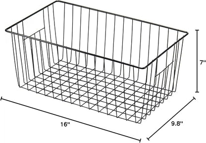 16inch Freezer Storage Organizer Baskets, Refrigerator Metal Wire Basket Bins with Handles for Kitchen, Pantry, Cabinet, Closets(Black, 3Pack)