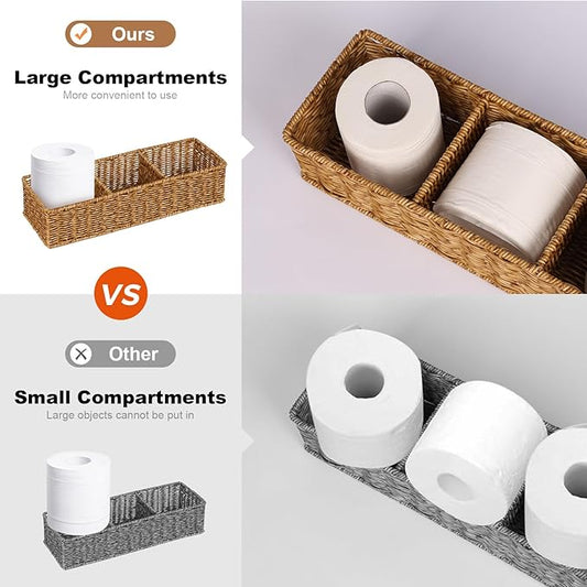 Resin Wicker Toilet Basket - Water-Resistant 2-Pack 3-Sections｜Toilet Tank Organizer for Bathroom Farmhouse