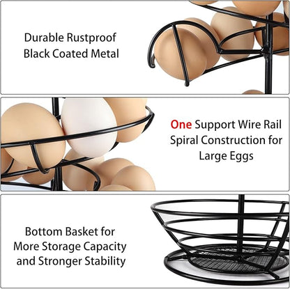 QUTREY Black Metal Egg Skelter with Storage Basket, Spiral Design Egg Holder for Large Egg for Countertop, Kitchen