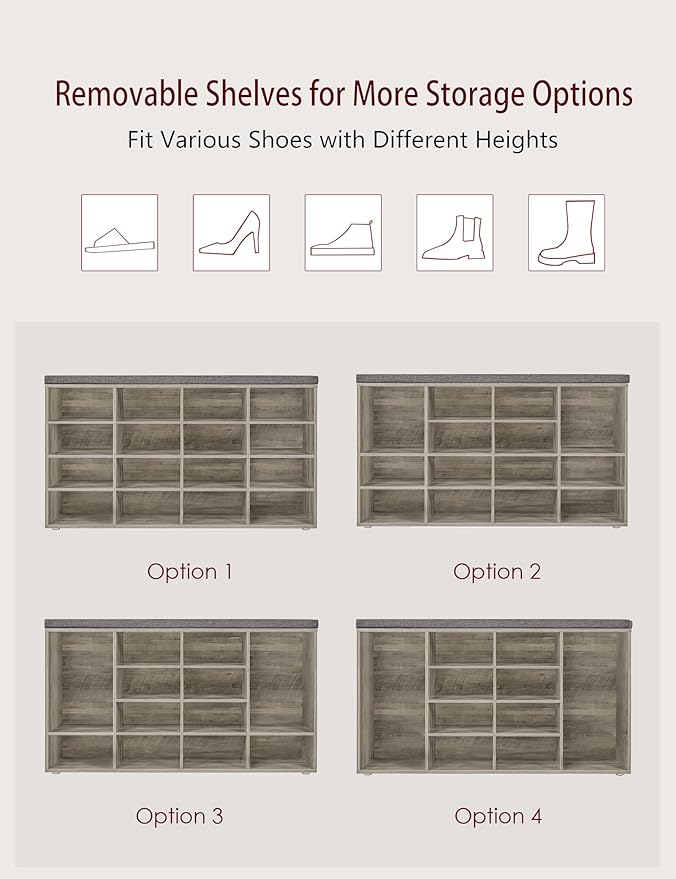 DINZI LVJ Shoe Storage Bench with Cushion, 16-Cubby Shoe Rack, Adjustable Shelves, Multifunctional Shoe Organizer Bench for Entryway, Mudroom, Hallway, Living Room, Bedroom and Garage, Gray Wash