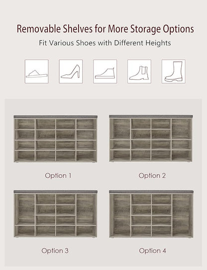 DINZI LVJ Shoe Storage Bench with Cushion, 16-Cubby Shoe Rack, Adjustable Shelves, Multifunctional Shoe Organizer Bench for Entryway, Mudroom, Hallway, Living Room, Bedroom and Garage, Gray Wash