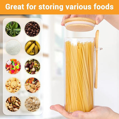 Glass Jars with Bamboo Lids and Spoons - 2 Pack 31 Fl.oz Round Flour Sugar Storage Containers Set, Includes Labels, Marker and Brush, Clear Glass Canister for Kitchen Pantry, Cereal, Rice, Pasta