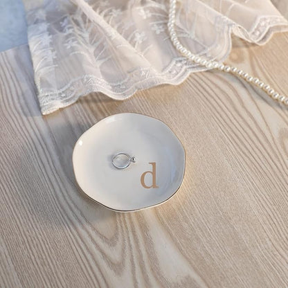 HOME SMILE Initials Ring Dish Jewery Tray with Personalized D-Monogrammed Engagement Wedding Gifts for Friends,Sister,Birthday Christmas Gifts for Women,Ceramic White