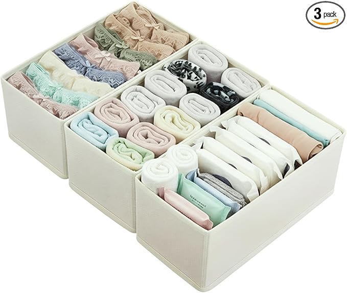 Dresser Drawer Organizer 3-Pack Beige - Foldable Small Storage Bins for Socks, Underwear & Bras, 11" Fabric Dividers for Closet