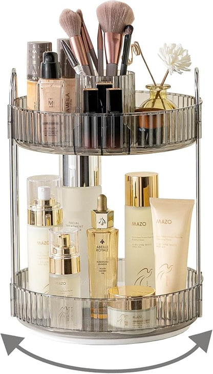 Asayuee 360 Rotating Makeup Organizer,2 Tier Large Capacity Make Up Organizers and Storage,Skincare Perfume Vanity Organizers,Bathroom Cosmetics Storage Organizer Countertop(Grey)