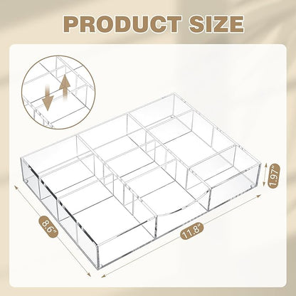 Briwooody Acrylic Drawer Organizer Clear Desk Drawer Organizer Trays with Adjustable Compartments Desk Accessories for Office Stationery Makeup Silverware Bathroom (Non Expandable)