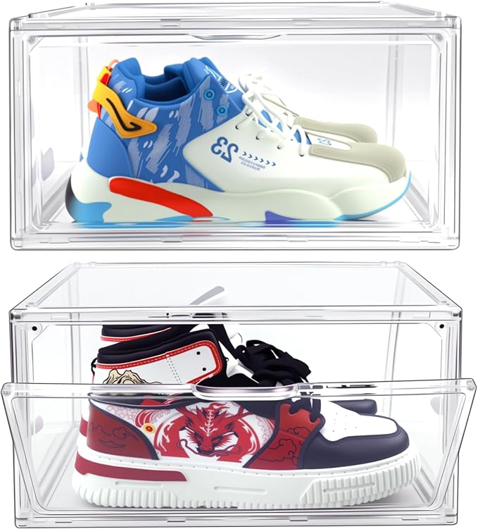 1 Pack Clear Shoe Box, Acrylic Sneaker Display Case Size 12.5, Transparent Storage Box with Magnetic Door, Showcase for Cosmetic, Displays, Action Figures Collectibles, Size 12.5 for Men Women Shoes