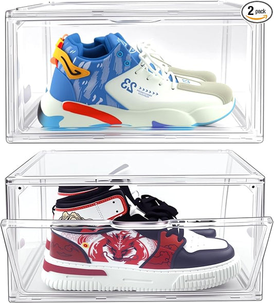Transparent Shoe Box 2 Pack, Acrylic Display Case, Clear Shoe Storage Box with Magnetic Door, Showcase for Sneaker, Cosmetic, Displays, Action Figures Collectibles,Size 12.5 for Men Women Shoes