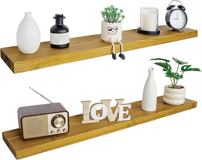 BGMG Wood Floating Shelves for Wall 54 inch Set of 2, Rustic Wooden Wall Mount Shelves for Living Room Bedroom Kitchen Farmhouse-54x6.7x1.75 inch- Gold Oak