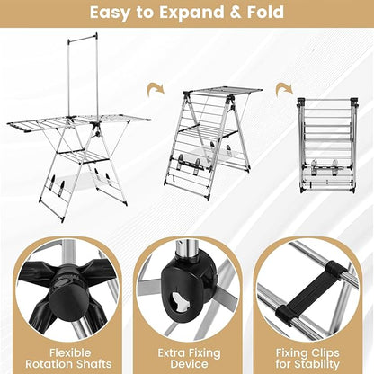 Tangkula 2-Layer Stainless Steel Drying Rack, Foldable Laundry Rack w/ 1 Hanging Bar & 2 Height-Adjustable Wings, 23 Drying Rails, Netting Clothe Drying Rack, No Assembly Required