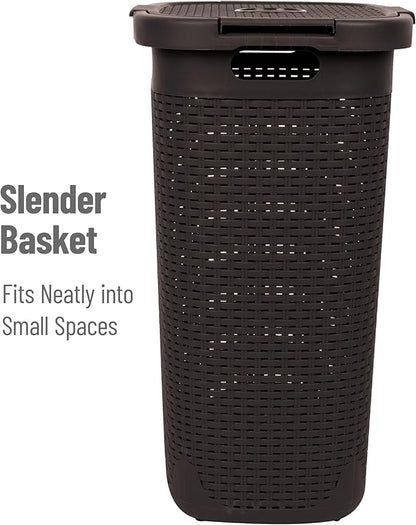 Mind Reader Slim Laundry Hamper with Lid, 60L Clothes Baskets, Premium Wicker Design, Plastic, 2-Pack, Brown