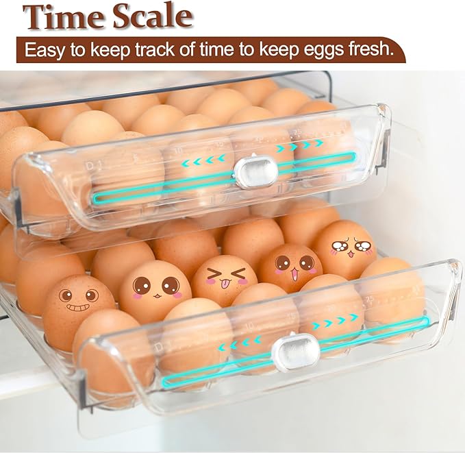 Egg Holder for Refrigerator,60 Eggs Clear Drawer Organizer,2 Layer Stackable Egg Holder Egg Trays,Egg Storage Container with Time Scale for Fridge Countertop Cabinet