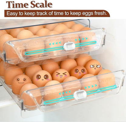 Egg Holder for Refrigerator,60 Eggs Clear Drawer Organizer,2 Layer Stackable Egg Holder Egg Trays,Egg Storage Container with Time Scale for Fridge Countertop Cabinet