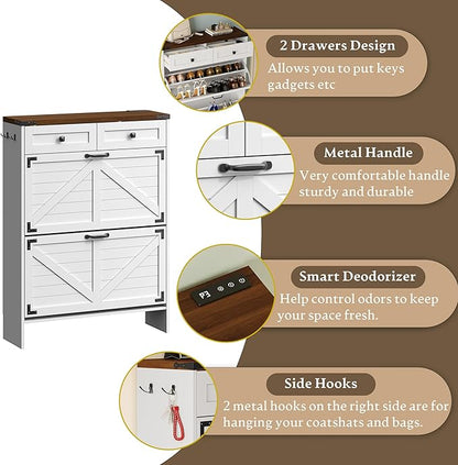 Shoe Cabinet with Odor Control Deodorizer and Back Panel, Farmhouse Narrow Shoe Storage Cabinet Rack for Entryway with 2 Flip Drawers and 2 Top Drawers, Adjustable Shelves, Side Hooks